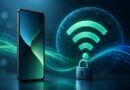 Ponsel Android dengan simbol jaringan nirkabel dan aliran data terenkripsi yang menggambarkan DNS pribadi