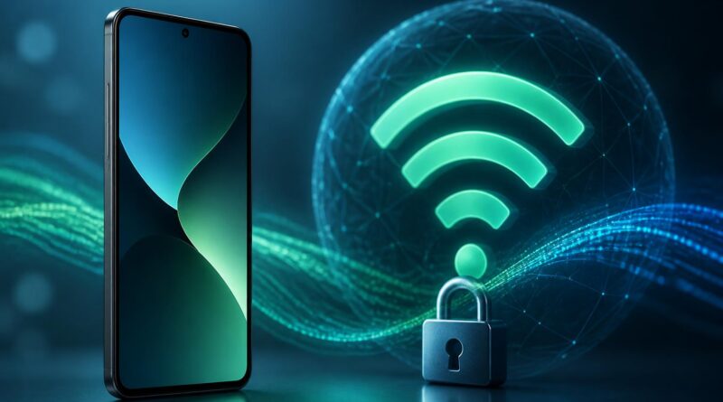 Ponsel Android dengan simbol jaringan nirkabel dan aliran data terenkripsi yang menggambarkan DNS pribadi