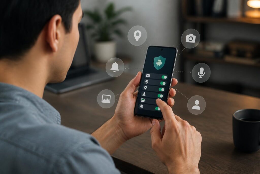 Pengguna meninjau izin aplikasi Android pada ponsel dengan simbol lokasi, kamera, mikrofon, dan data pribadi di sekitarnya