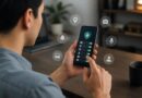 Pengguna meninjau izin aplikasi Android pada ponsel dengan simbol lokasi, kamera, mikrofon, dan data pribadi di sekitarnya