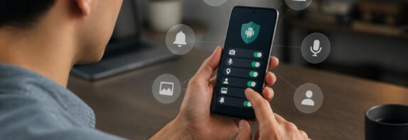 Pengguna meninjau izin aplikasi Android pada ponsel dengan simbol lokasi, kamera, mikrofon, dan data pribadi di sekitarnya