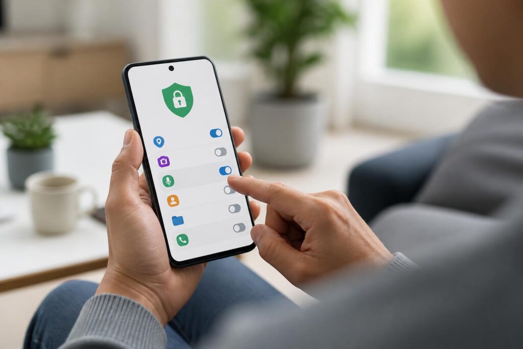 Seseorang memeriksa izin aplikasi dan pengaturan privasi pada ponsel Android