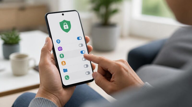 Seseorang memeriksa izin aplikasi dan pengaturan privasi pada ponsel Android