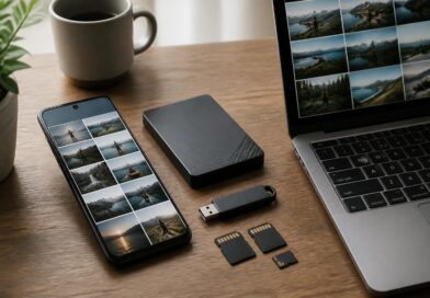 Ponsel Android dan laptop di atas meja dengan konsep pengelolaan file digital