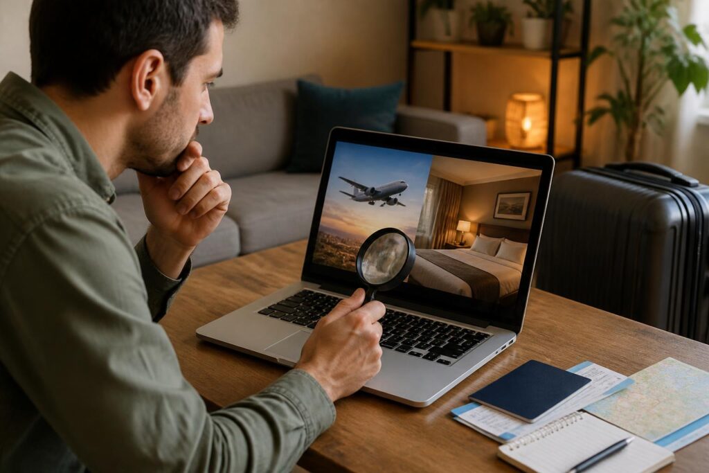 Pelancong memeriksa detail booking hotel dan penerbangan dengan teliti menggunakan laptop sebelum membayar