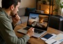 Pelancong memeriksa detail booking hotel dan penerbangan dengan teliti menggunakan laptop sebelum membayar