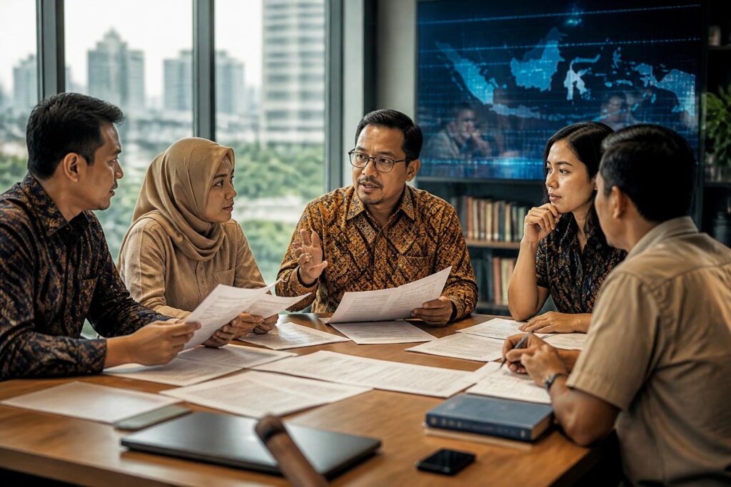 Warga membaca dokumen legislasi dan berdiskusi tentang partisipasi publik dalam proses pembentukan undang-undang