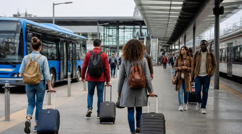 Wisatawan membawa ransel menunggu transportasi umum di area stasiun yang tertata