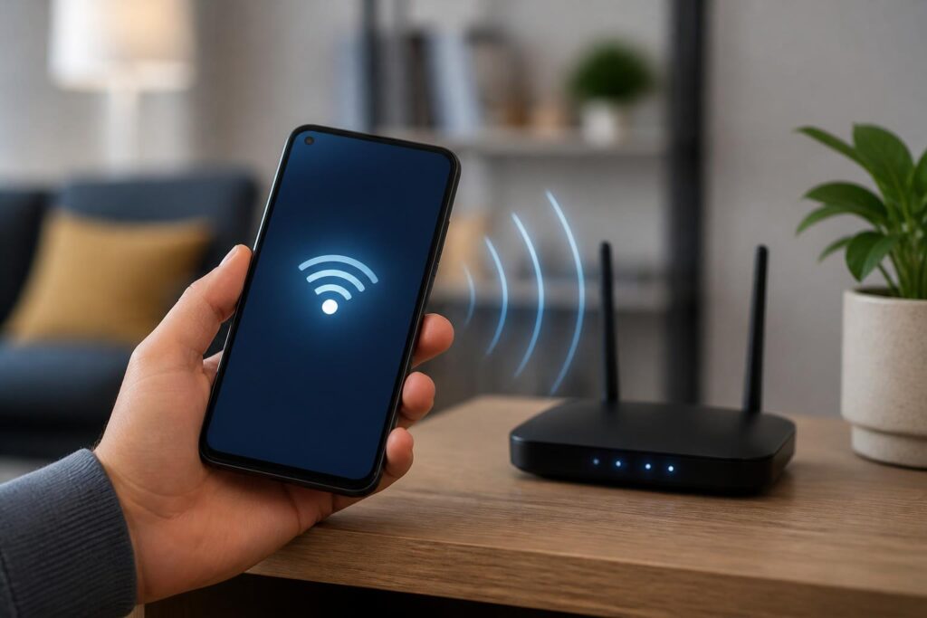 Ponsel Android berada di dekat router Wi-Fi sebagai ilustrasi pengelolaan jaringan tersimpan