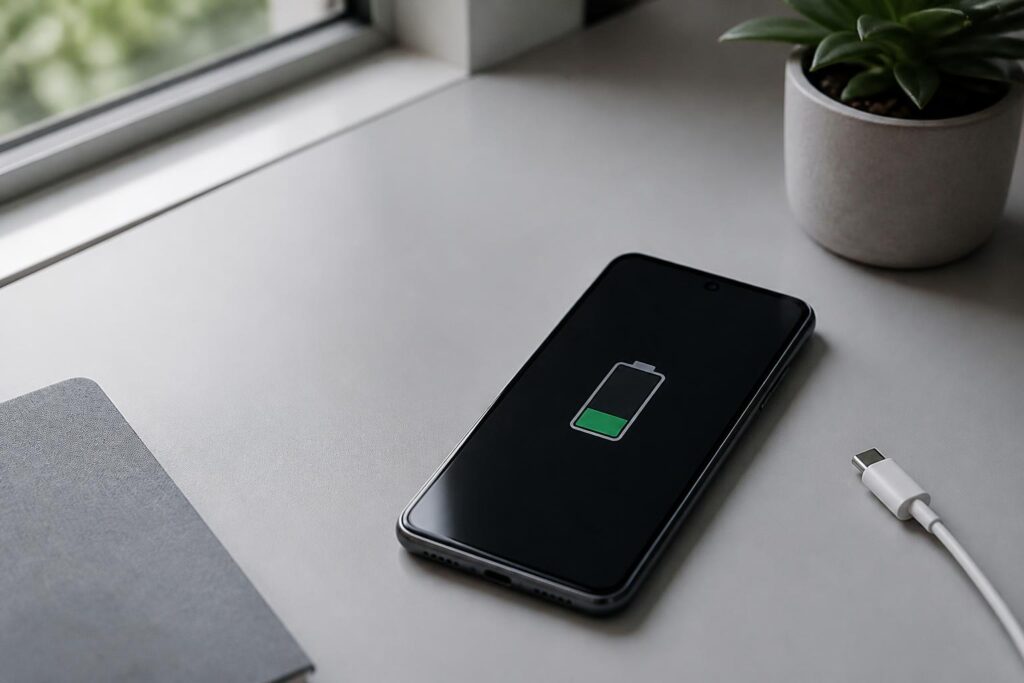 Ponsel Android berada di atas meja dengan kabel pengisi daya dalam suasana terang dan rapi
