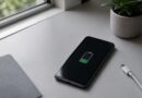 Ponsel Android berada di atas meja dengan kabel pengisi daya dalam suasana terang dan rapi