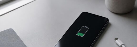 Ponsel Android berada di atas meja dengan kabel pengisi daya dalam suasana terang dan rapi