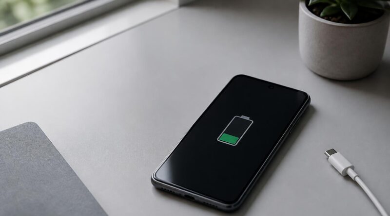 Ponsel Android berada di atas meja dengan kabel pengisi daya dalam suasana terang dan rapi