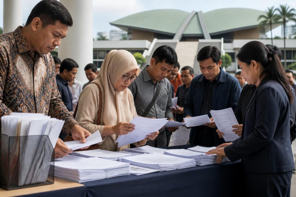 Warga memeriksa dokumen resmi parlemen di meja informasi publik dengan gedung pemerintahan di latar belakang