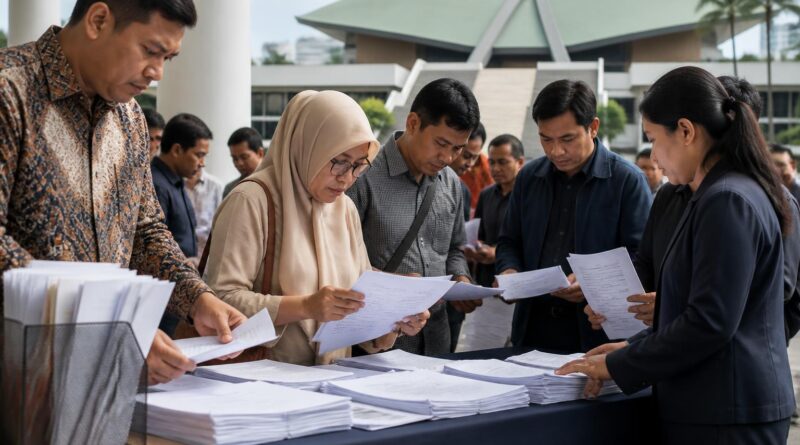 Warga memeriksa dokumen resmi parlemen di meja informasi publik dengan gedung pemerintahan di latar belakang