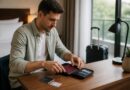 Traveler menata paspor, dokumen, kartu pembayaran, dan tas kecil di meja kamar penginapan