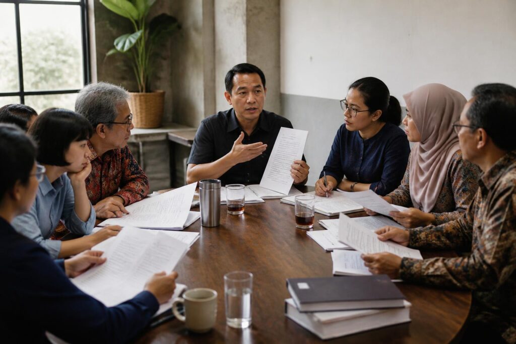 Warga dan perwakilan organisasi membahas dokumen rancangan undang-undang dalam forum diskusi