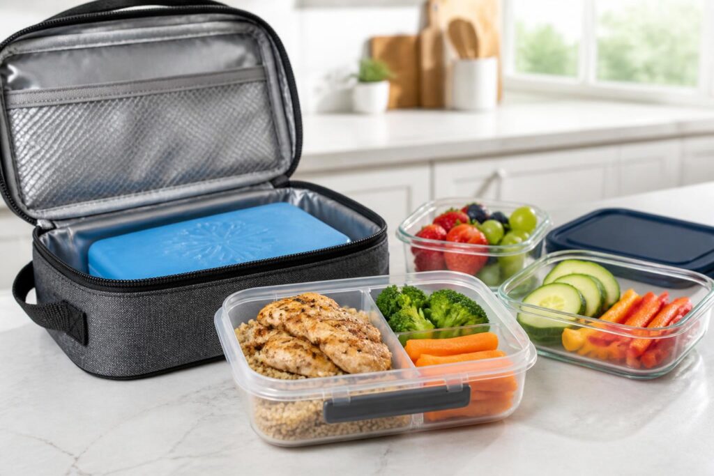 Bekal makanan dalam wadah tertutup dengan tas insulasi dan ice pack di meja dapur