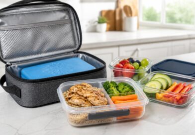 Bekal makanan dalam wadah tertutup dengan tas insulasi dan ice pack di meja dapur