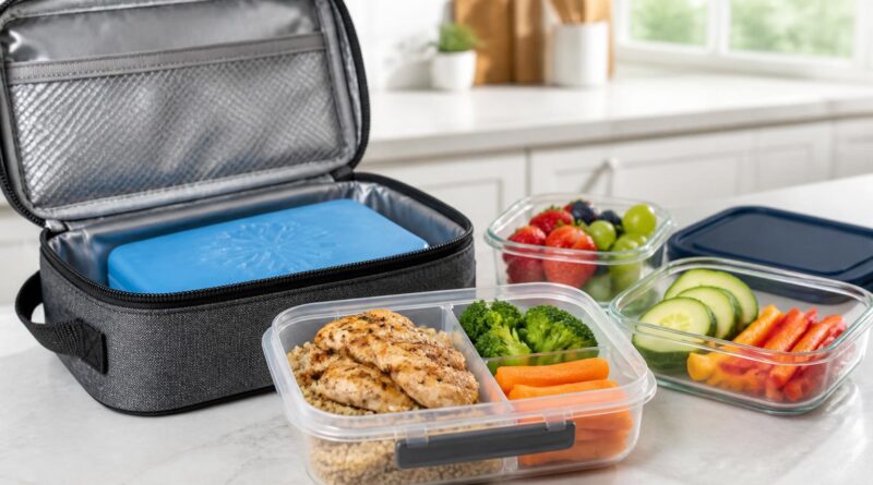 Bekal makanan dalam wadah tertutup dengan tas insulasi dan ice pack di meja dapur