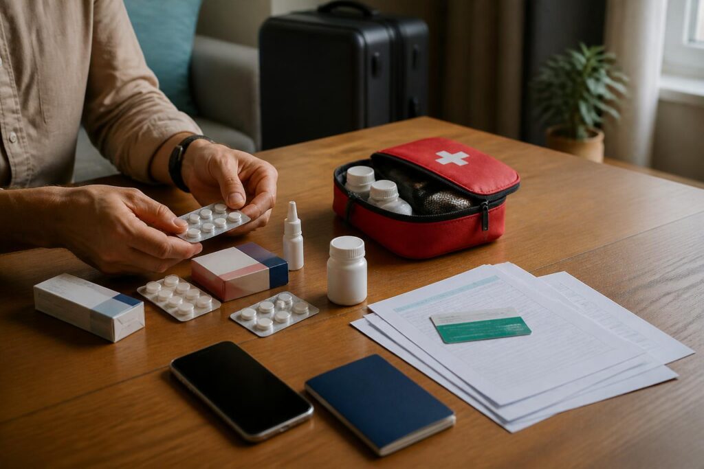 Pelancong menyiapkan obat, dokumen kesehatan, kartu asuransi, dan perlengkapan darurat di atas meja