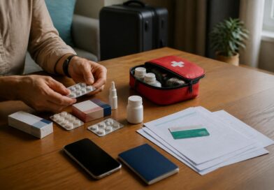 Pelancong menyiapkan obat, dokumen kesehatan, kartu asuransi, dan perlengkapan darurat di atas meja
