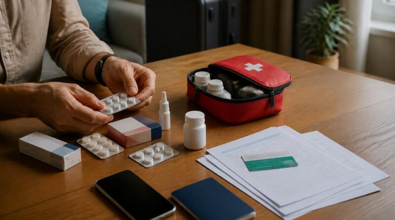 Pelancong menyiapkan obat, dokumen kesehatan, kartu asuransi, dan perlengkapan darurat di atas meja
