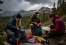 Kelompok pendaki menyiapkan peta, perlengkapan P3K, air, dan tas di dekat jalur hutan sebelum hiking dan camping