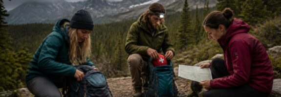 Kelompok pendaki menyiapkan peta, perlengkapan P3K, air, dan tas di dekat jalur hutan sebelum hiking dan camping