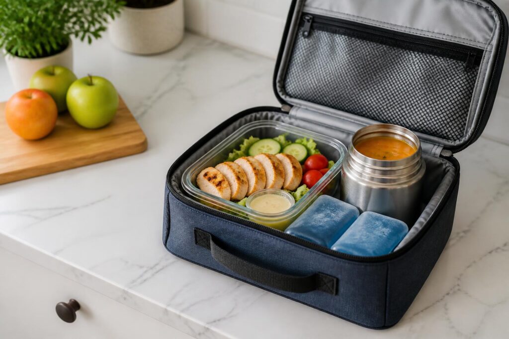 Tas bekal berinsulasi dengan dua ice gel, kotak makanan dingin, dan termos makanan panas di meja dapur