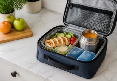 Tas bekal berinsulasi dengan dua ice gel, kotak makanan dingin, dan termos makanan panas di meja dapur