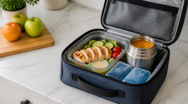 Tas bekal berinsulasi dengan dua ice gel, kotak makanan dingin, dan termos makanan panas di meja dapur
