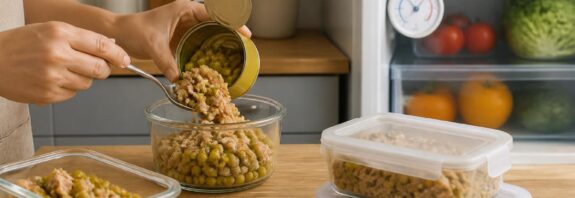 Sisa makanan kaleng dipindahkan ke wadah kaca dan plastik bertutup sebelum disimpan di kulkas