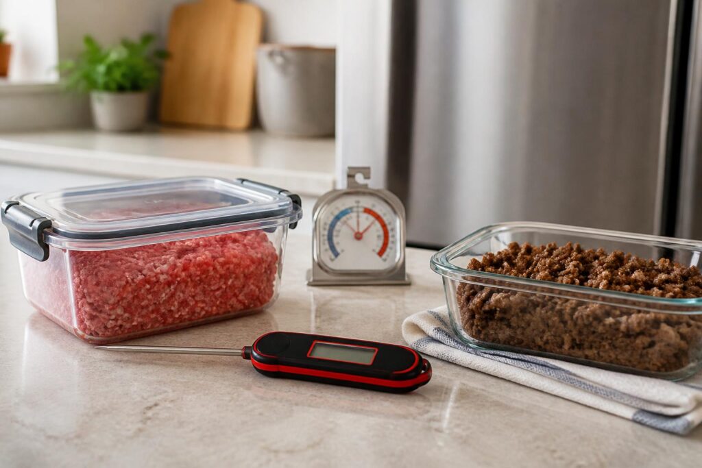 Daging giling mentah dalam wadah tertutup, termometer makanan, dan daging matang dalam wadah dangkal di dapur
