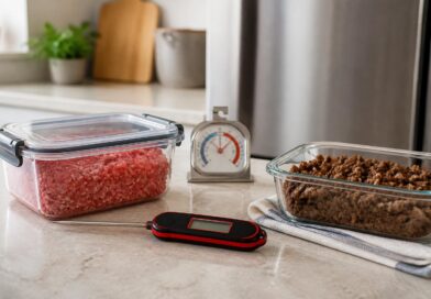Daging giling mentah dalam wadah tertutup, termometer makanan, dan daging matang dalam wadah dangkal di dapur