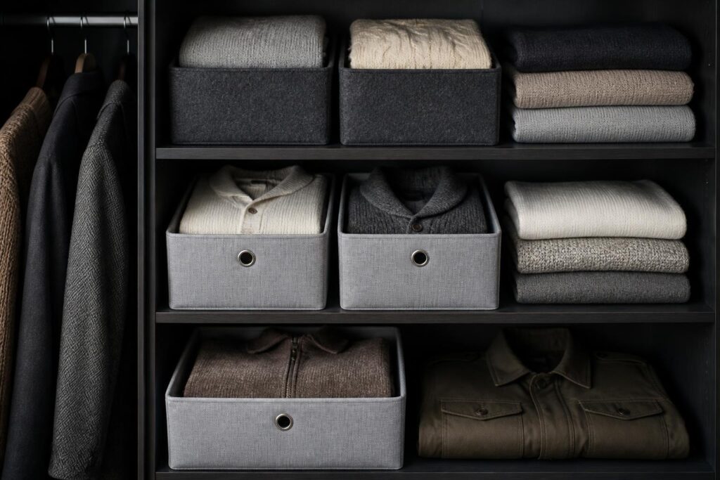 Sweater, pakaian wol, dan jaket terlipat rapi dalam wadah penyimpanan yang tertata di lemari