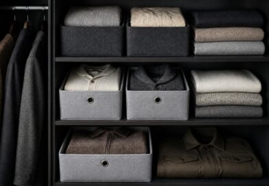 Sweater, pakaian wol, dan jaket terlipat rapi dalam wadah penyimpanan yang tertata di lemari