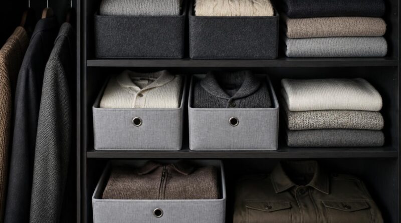 Sweater, pakaian wol, dan jaket terlipat rapi dalam wadah penyimpanan yang tertata di lemari