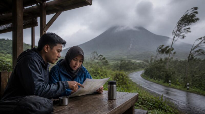 Wisatawan memeriksa rencana perjalanan di tempat berlindung saat hujan lebat turun di kawasan pegunungan