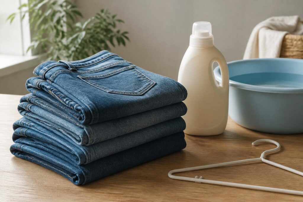 Celana jeans terlipat di dekat perlengkapan pencucian lembut untuk perawatan denim