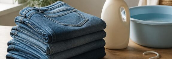 Celana jeans terlipat di dekat perlengkapan pencucian lembut untuk perawatan denim