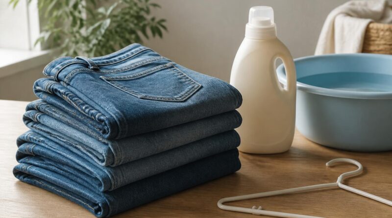 Celana jeans terlipat di dekat perlengkapan pencucian lembut untuk perawatan denim