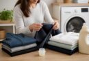 Pakaian sintetis seperti polyester dan fleece sedang disiapkan untuk dicuci di area laundry yang rapi.