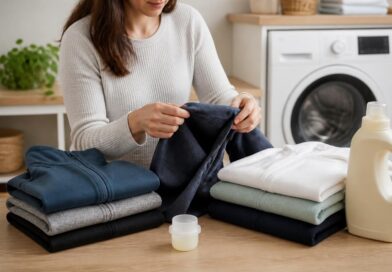 Pakaian sintetis seperti polyester dan fleece sedang disiapkan untuk dicuci di area laundry yang rapi.