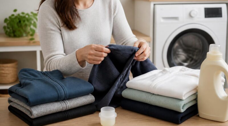 Pakaian sintetis seperti polyester dan fleece sedang disiapkan untuk dicuci di area laundry yang rapi.