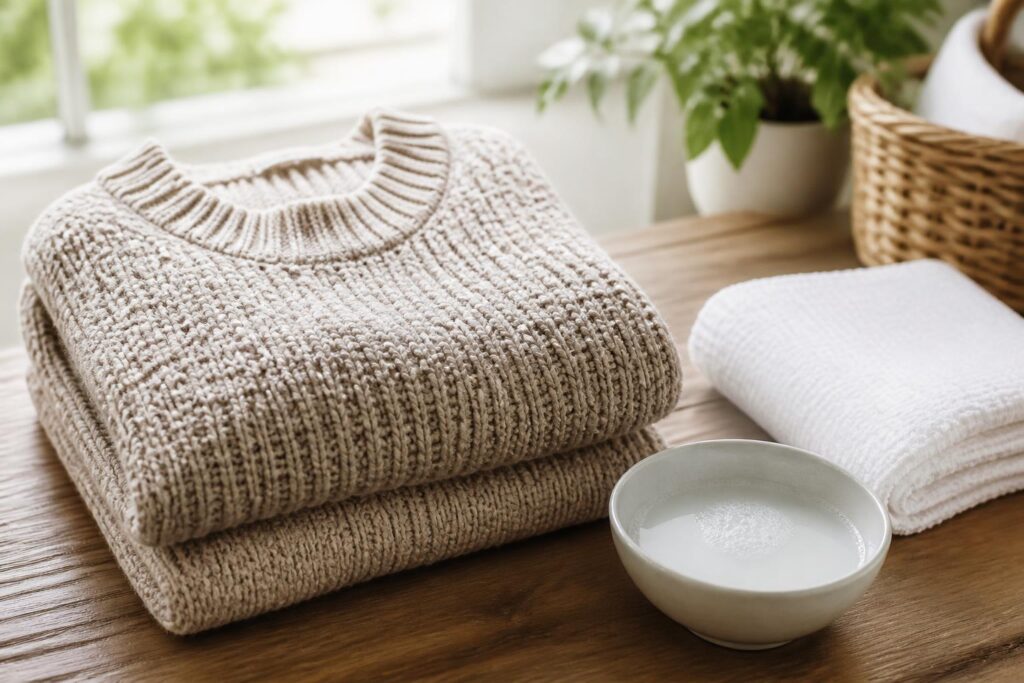 Sweater rajut terlipat di samping handuk dan perlengkapan deterjen lembut untuk perawatan pakaian