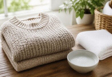 Sweater rajut terlipat di samping handuk dan perlengkapan deterjen lembut untuk perawatan pakaian