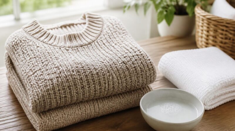 Sweater rajut terlipat di samping handuk dan perlengkapan deterjen lembut untuk perawatan pakaian