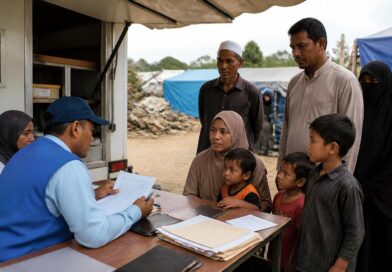Petugas melayani keluarga pengungsi internal dalam pengurusan dokumen di layanan pencatatan sipil keliling
