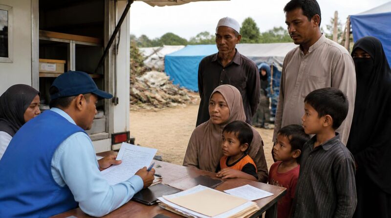 Petugas melayani keluarga pengungsi internal dalam pengurusan dokumen di layanan pencatatan sipil keliling